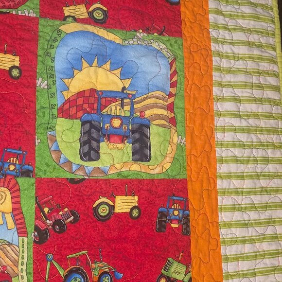 Cute Baby Blanket Quilt 48" x 48" Boys Farm Tractors Theme - Picture 3 of 5
